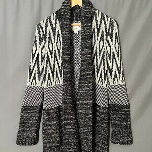 Lucky Brand L Grey Black Multi Pattern Wool Knit Plush Open Cardigan Sweater